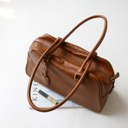 Large Capacity Zip‑Top Natural Leather Shoulder Bag