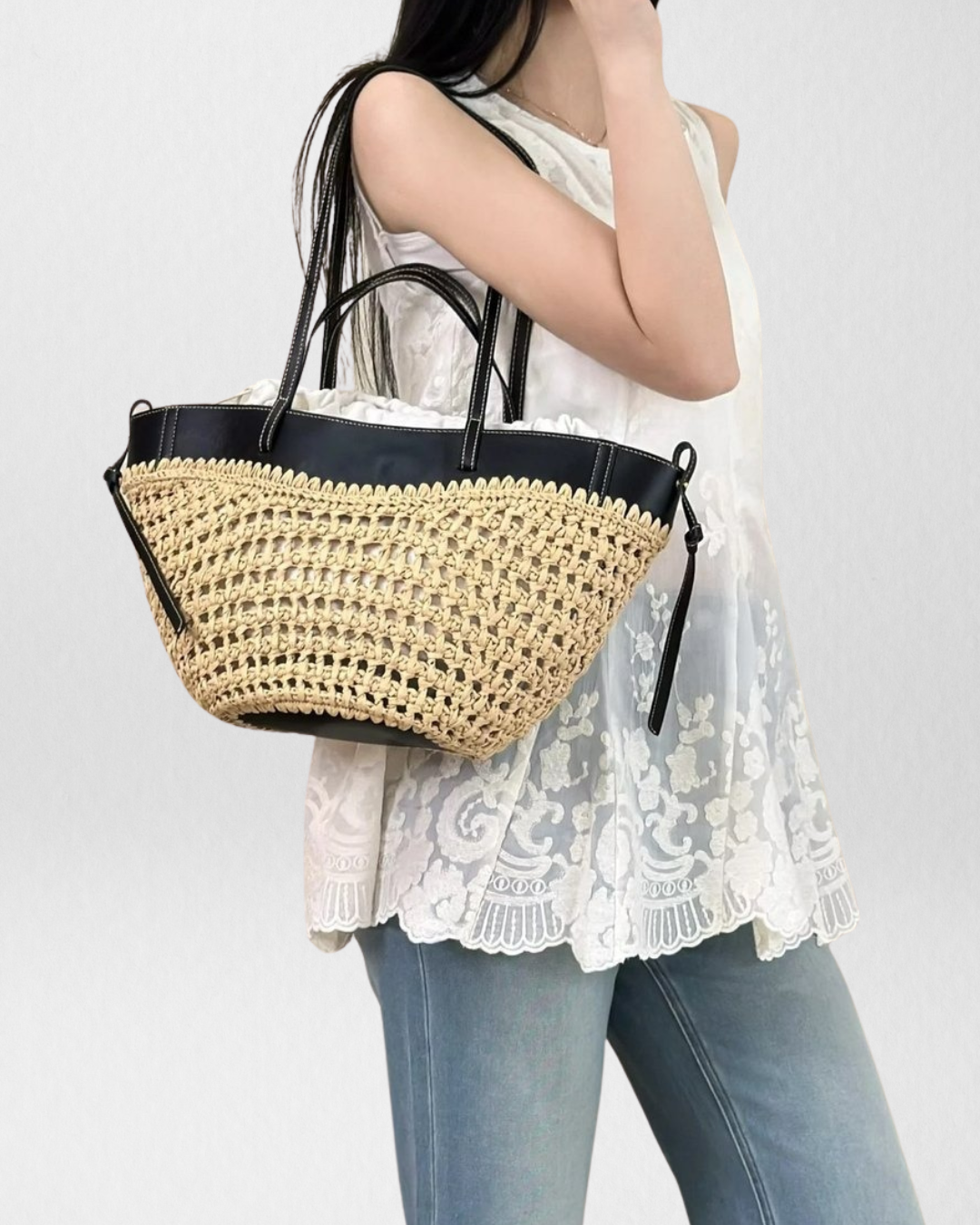 Luna Sculpted Woven Raffia x Leather Shoulder Bag