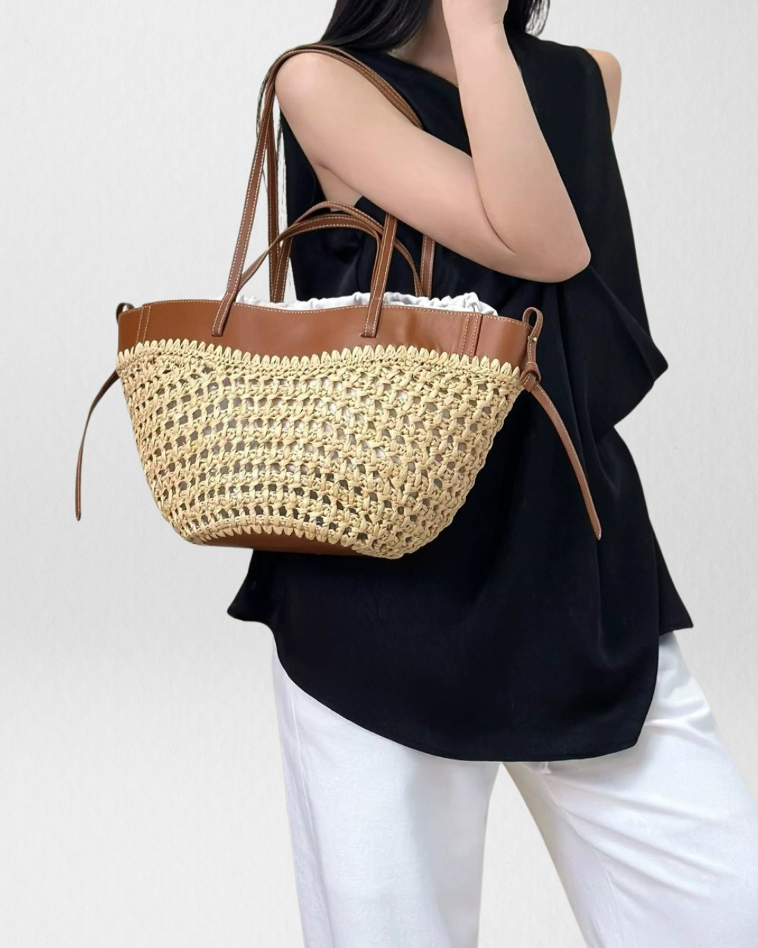 Luna Sculpted Woven Raffia x Leather Shoulder Bag