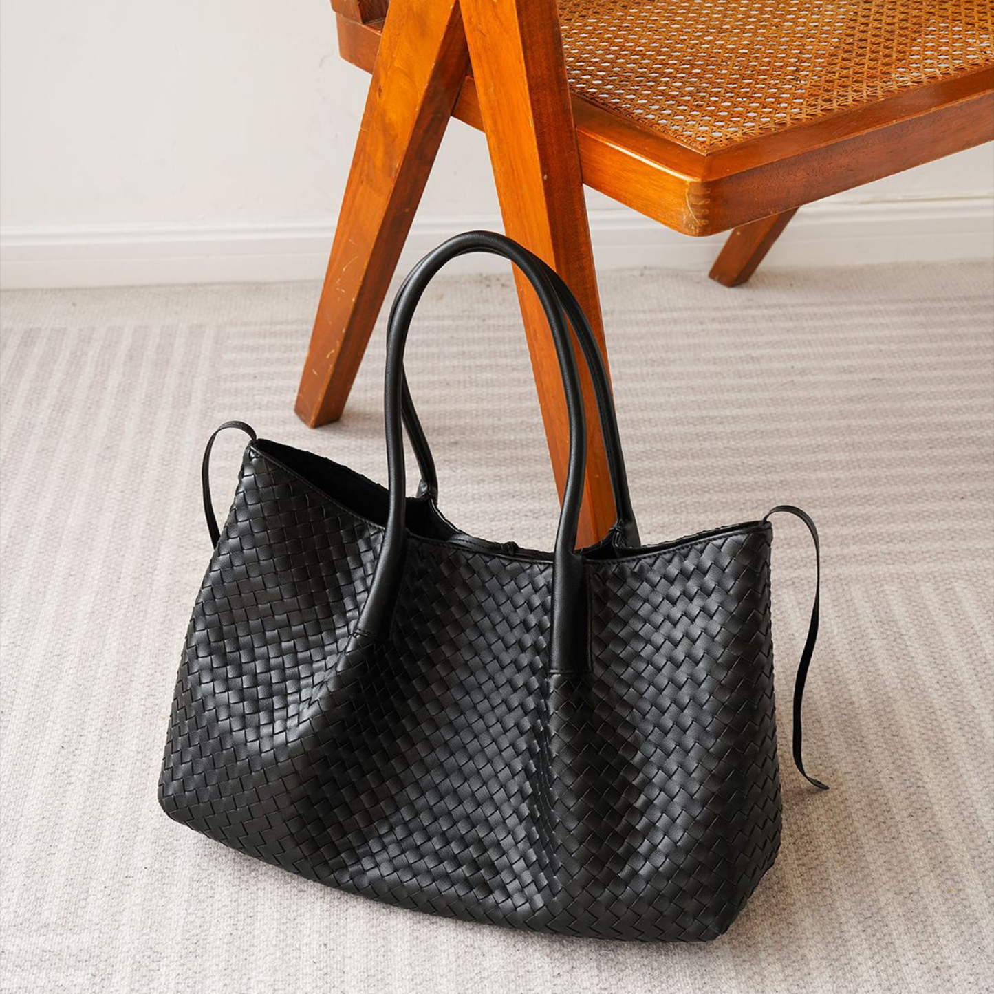 Woven Carryall Leather Shoulder Tote