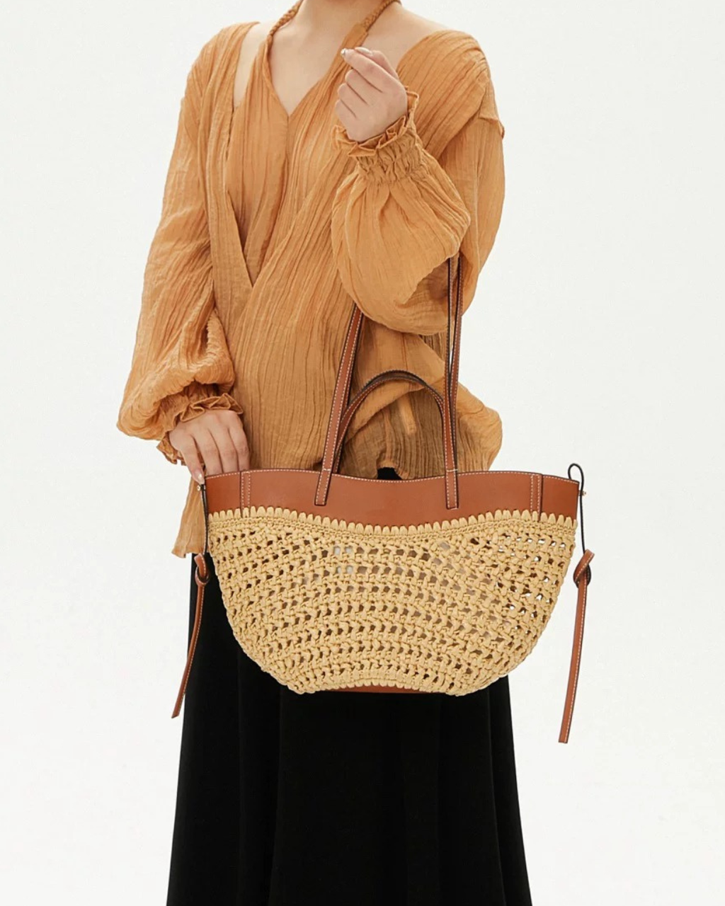 Luna Sculpted Woven Raffia x Leather Shoulder Bag