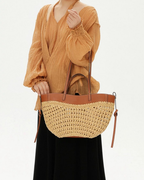 Luna Sculpted Woven Raffia x Leather Shoulder Bag