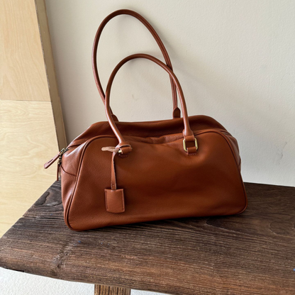 Large Capacity Zip‑Top Natural Leather Shoulder Bag