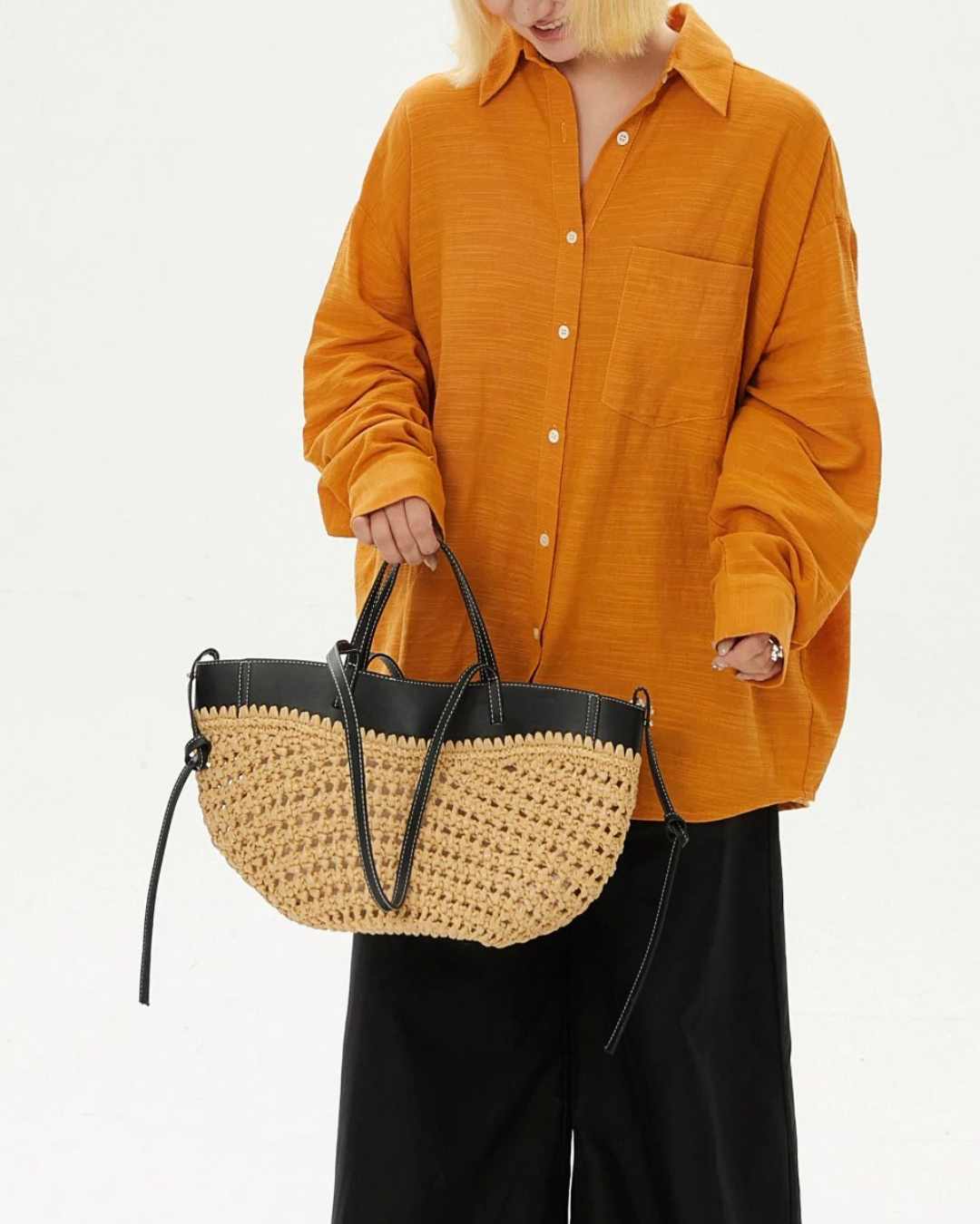Luna Sculpted Woven Raffia x Leather Shoulder Bag