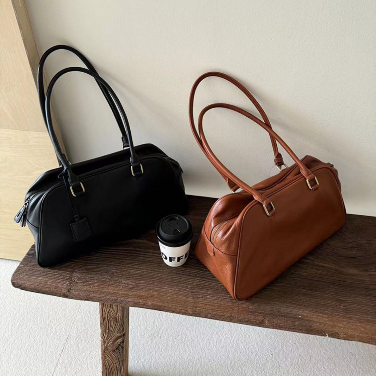 Large Capacity Zip‑Top Natural Leather Shoulder Bag