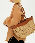 Luna Sculpted Woven Raffia x Leather Shoulder Bag