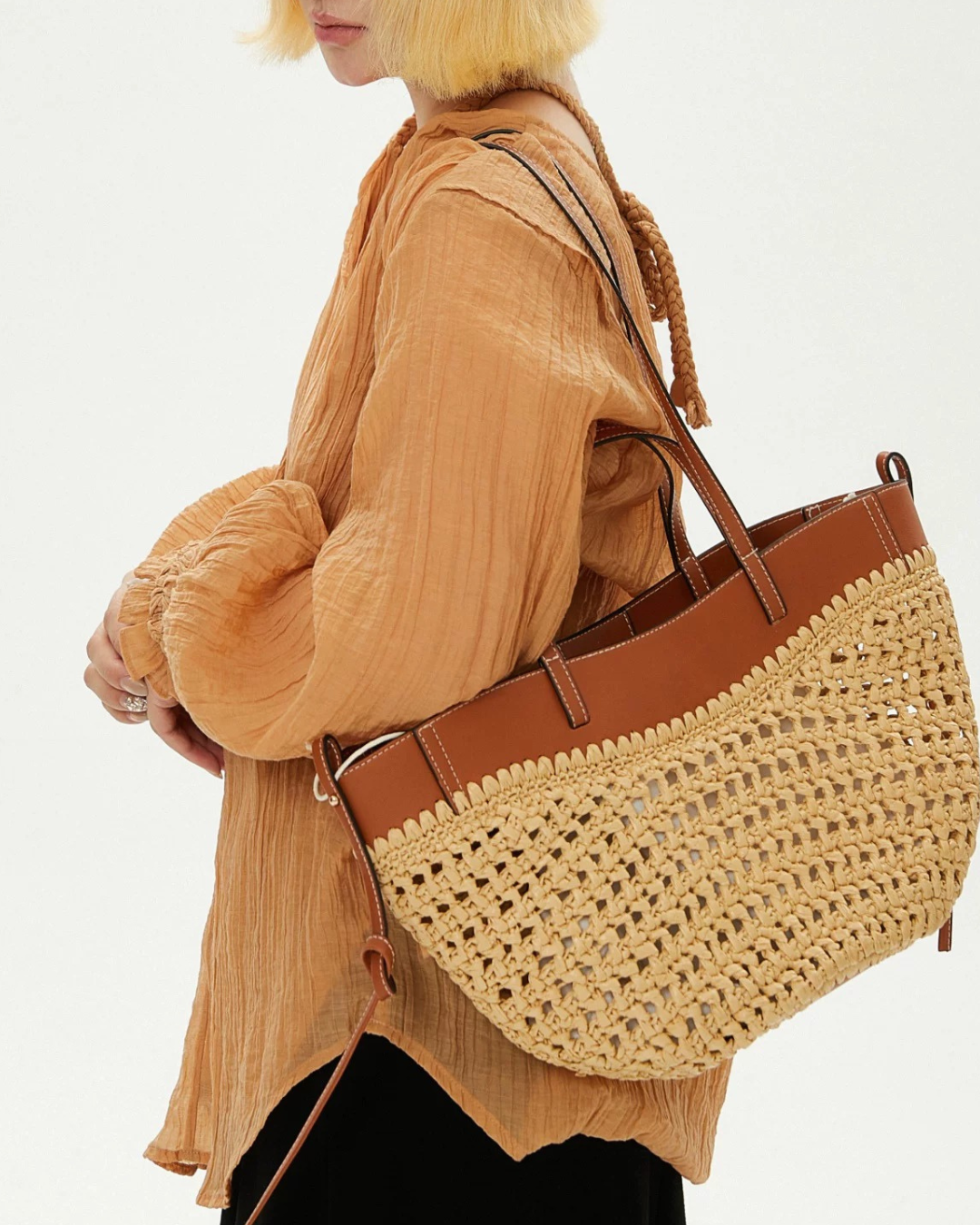 Luna Sculpted Woven Raffia x Leather Shoulder Bag