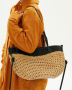 Luna Sculpted Woven Raffia x Leather Shoulder Bag