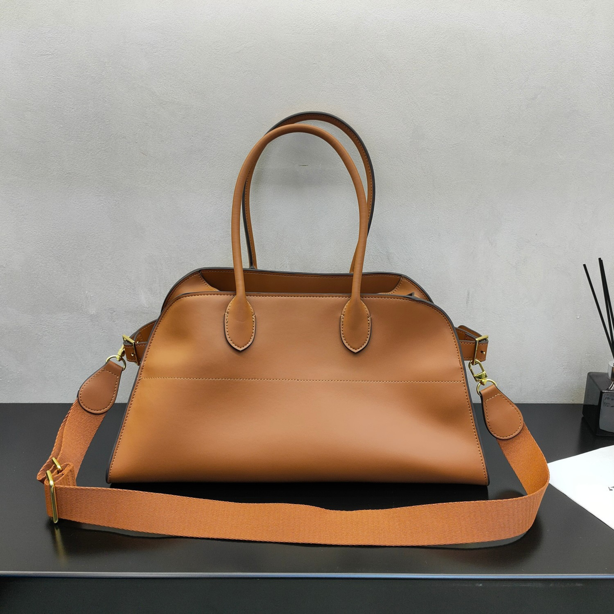 Wide-Base Structured Soft Leather Tote Bag
