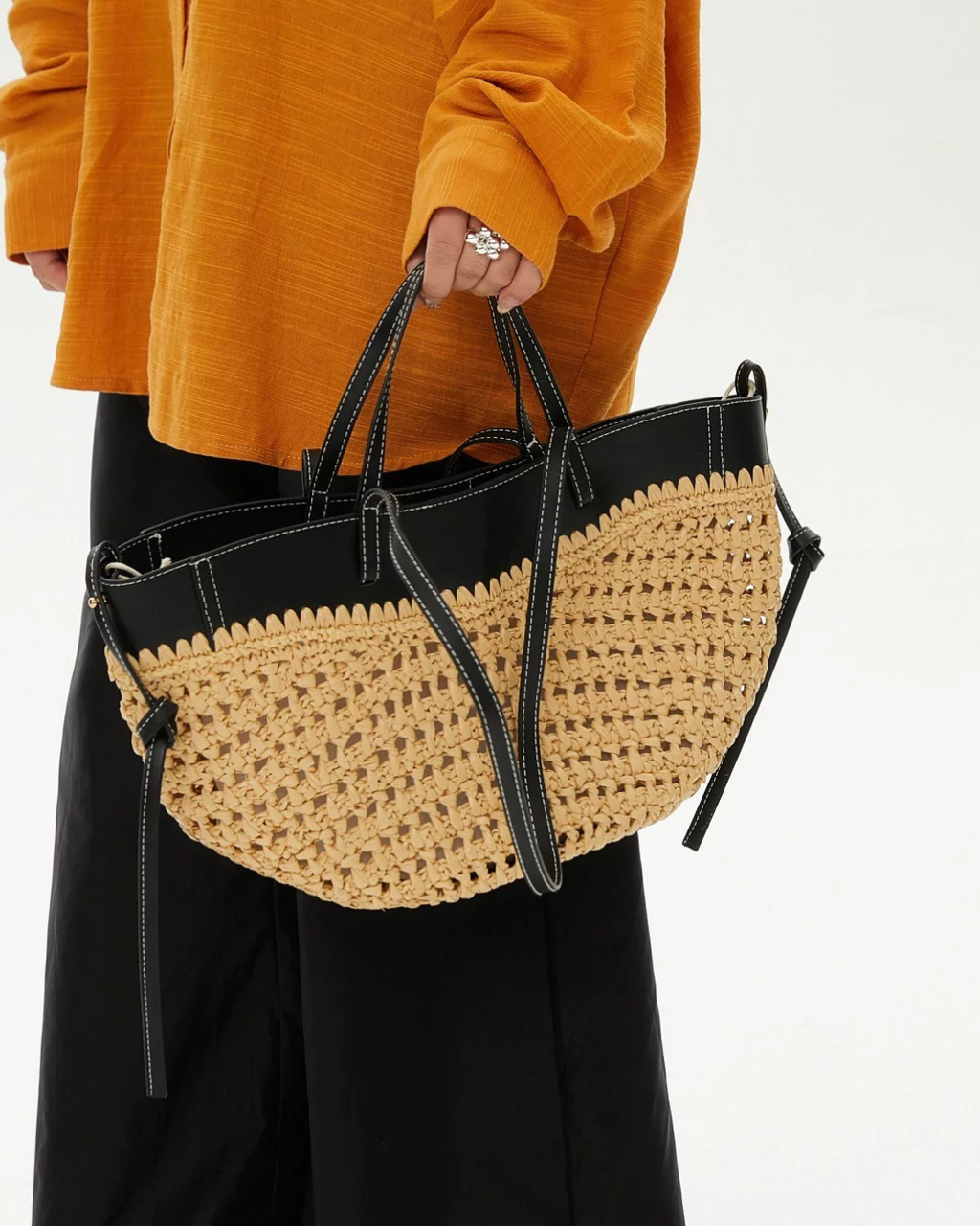 Luna Sculpted Woven Raffia x Leather Shoulder Bag