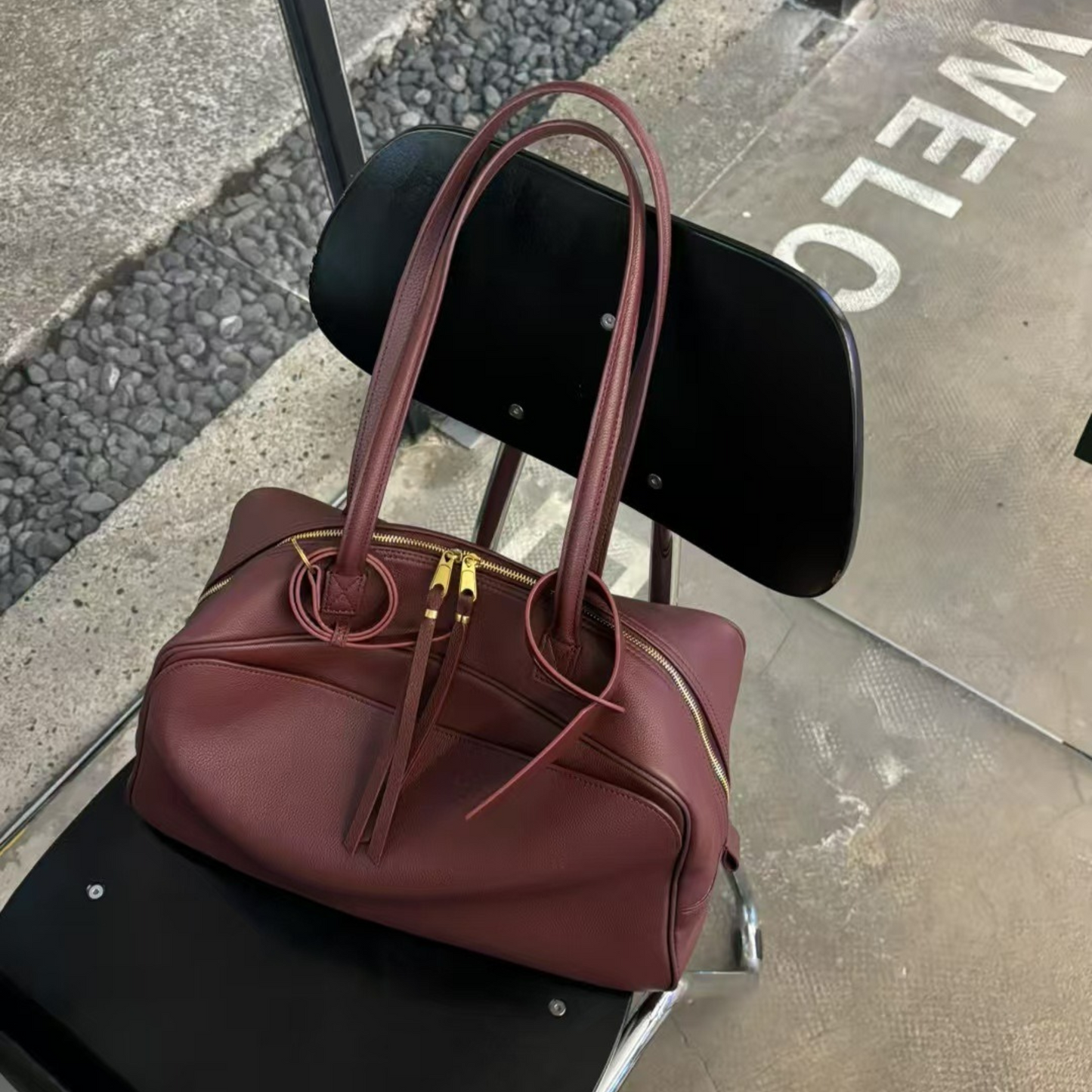 Top-Layer Leather Bowling Shoulder Bag