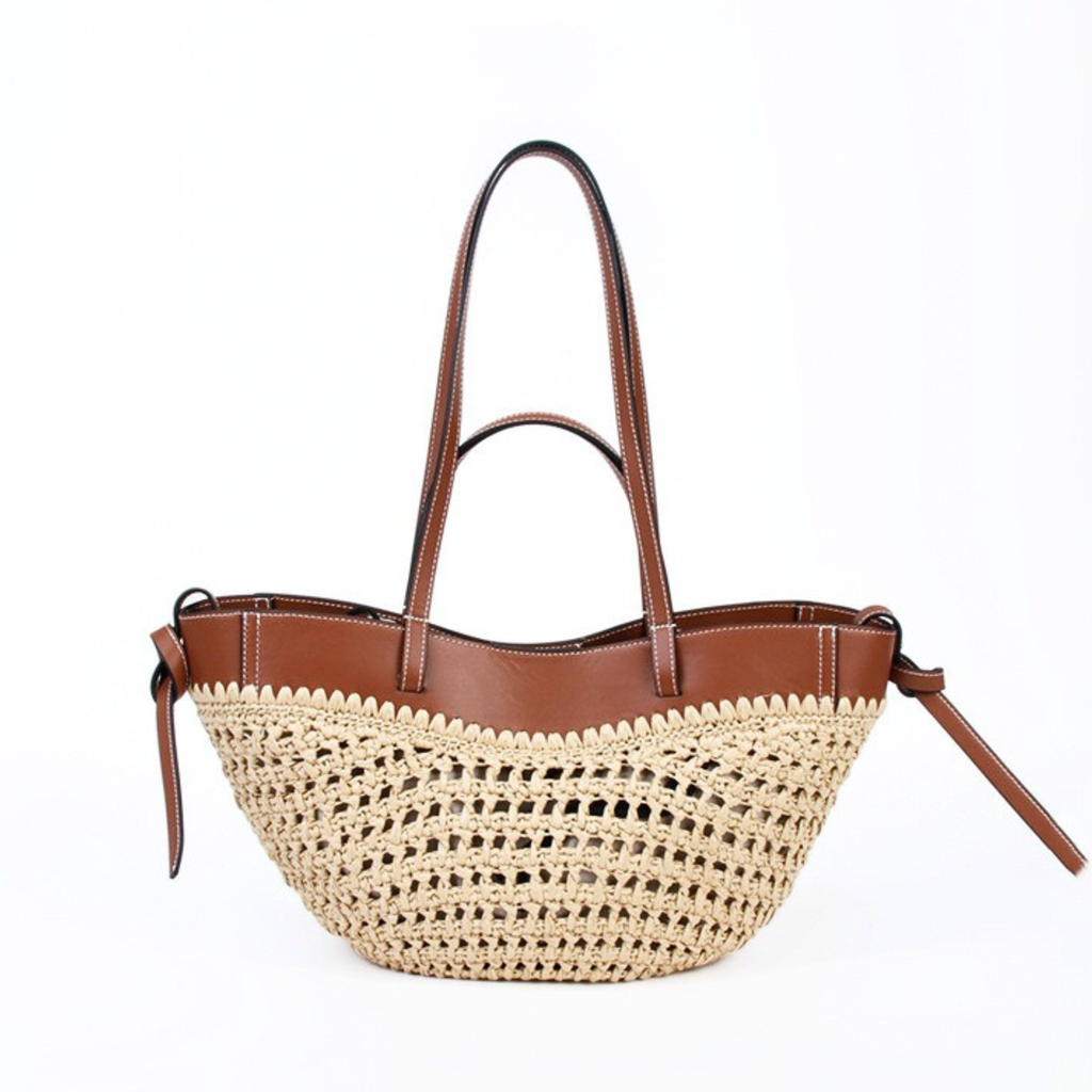Luna Sculpted Woven Raffia x Leather Shoulder Bag