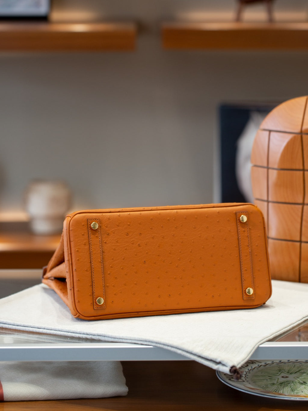 First-Layer Cowhide Ostrich-Pattern Structured Top Handle Luxury Leather Bag