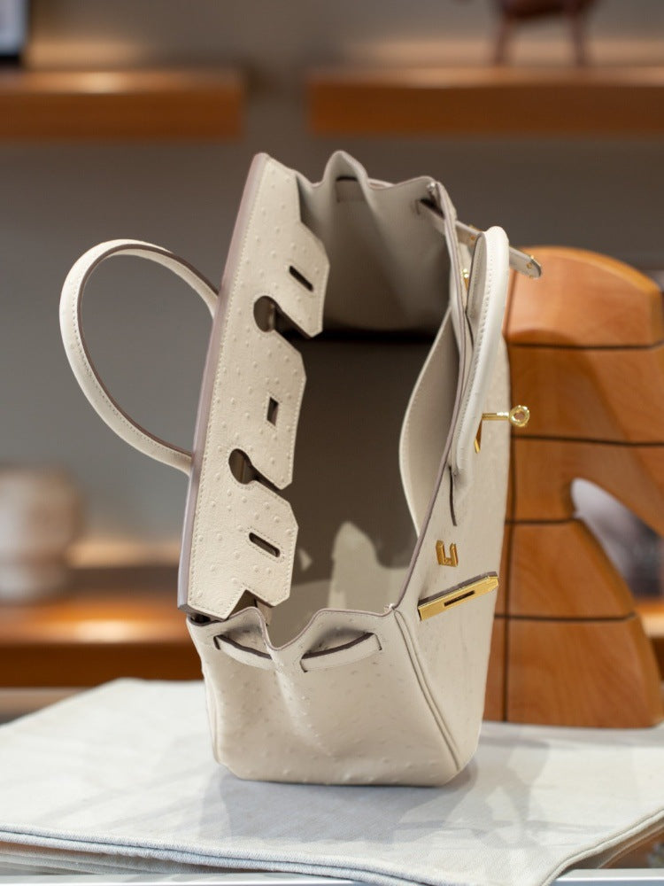 First-Layer Cowhide Ostrich-Pattern Structured Top Handle Luxury Leather Bag
