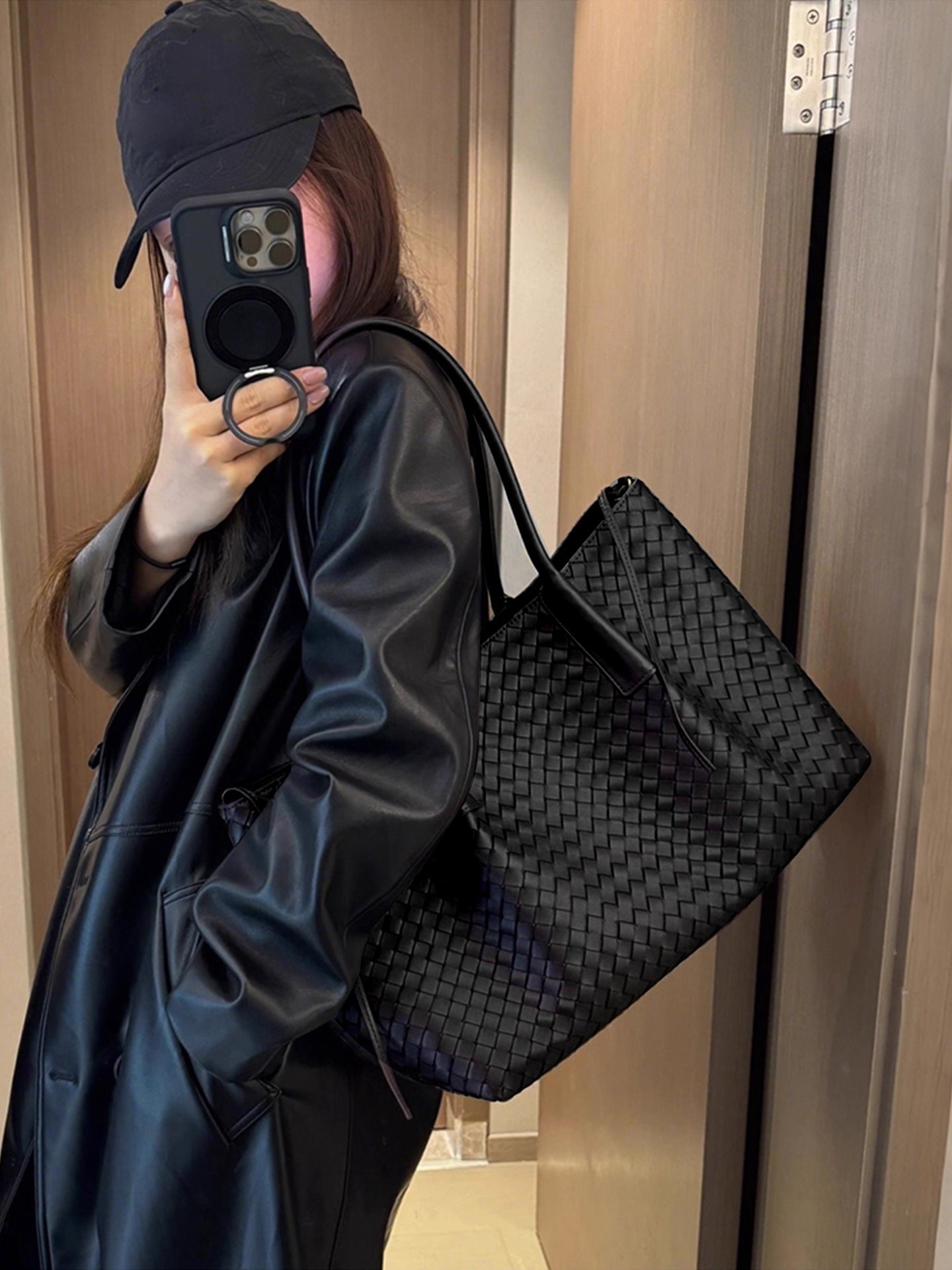 Woven Carryall Leather Shoulder Tote