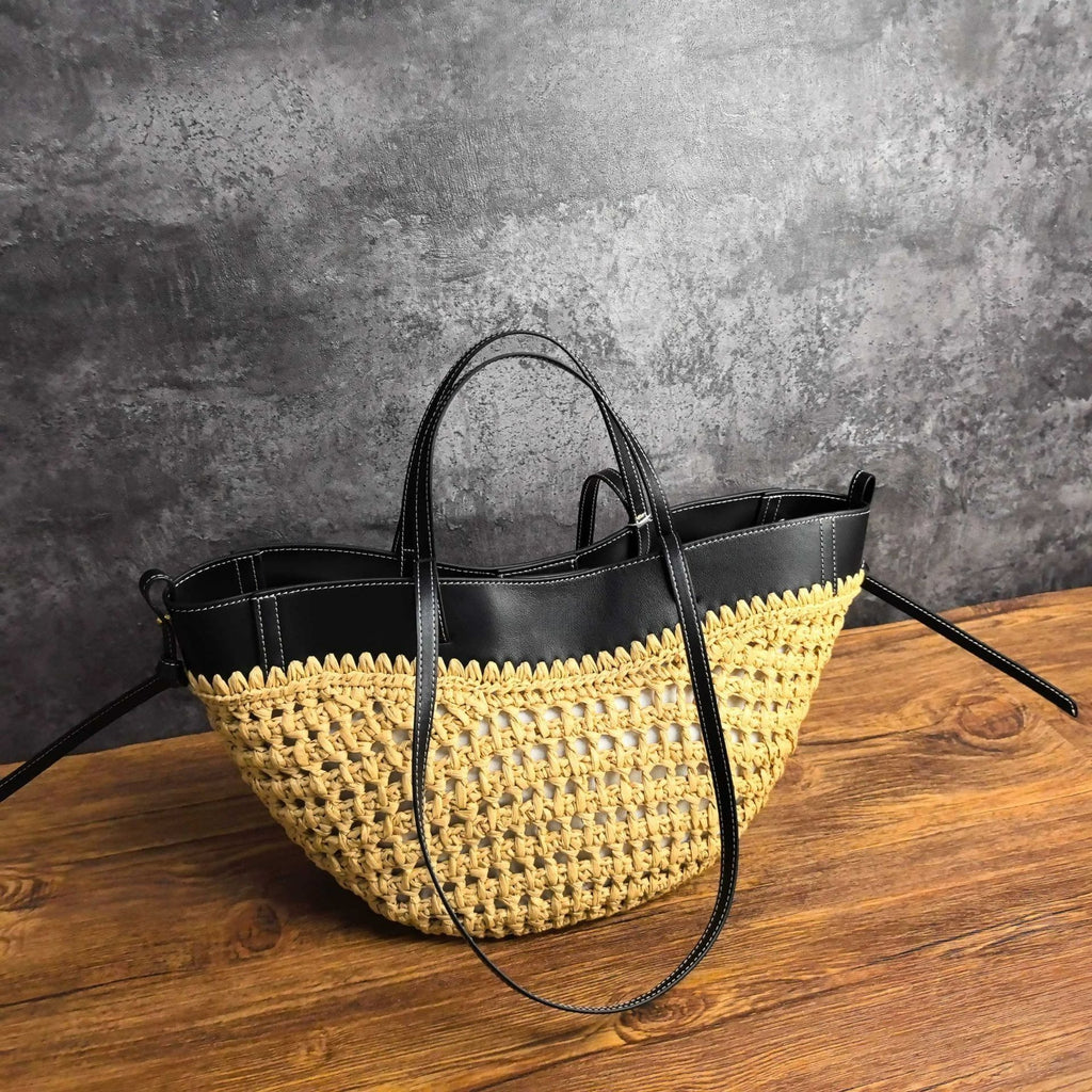 Luna Sculpted Woven Raffia x Leather Shoulder Bag