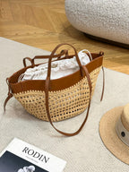 Luna Sculpted Woven Raffia x Leather Shoulder Bag