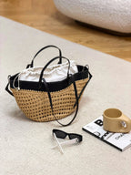 Luna Sculpted Woven Raffia x Leather Shoulder Bag