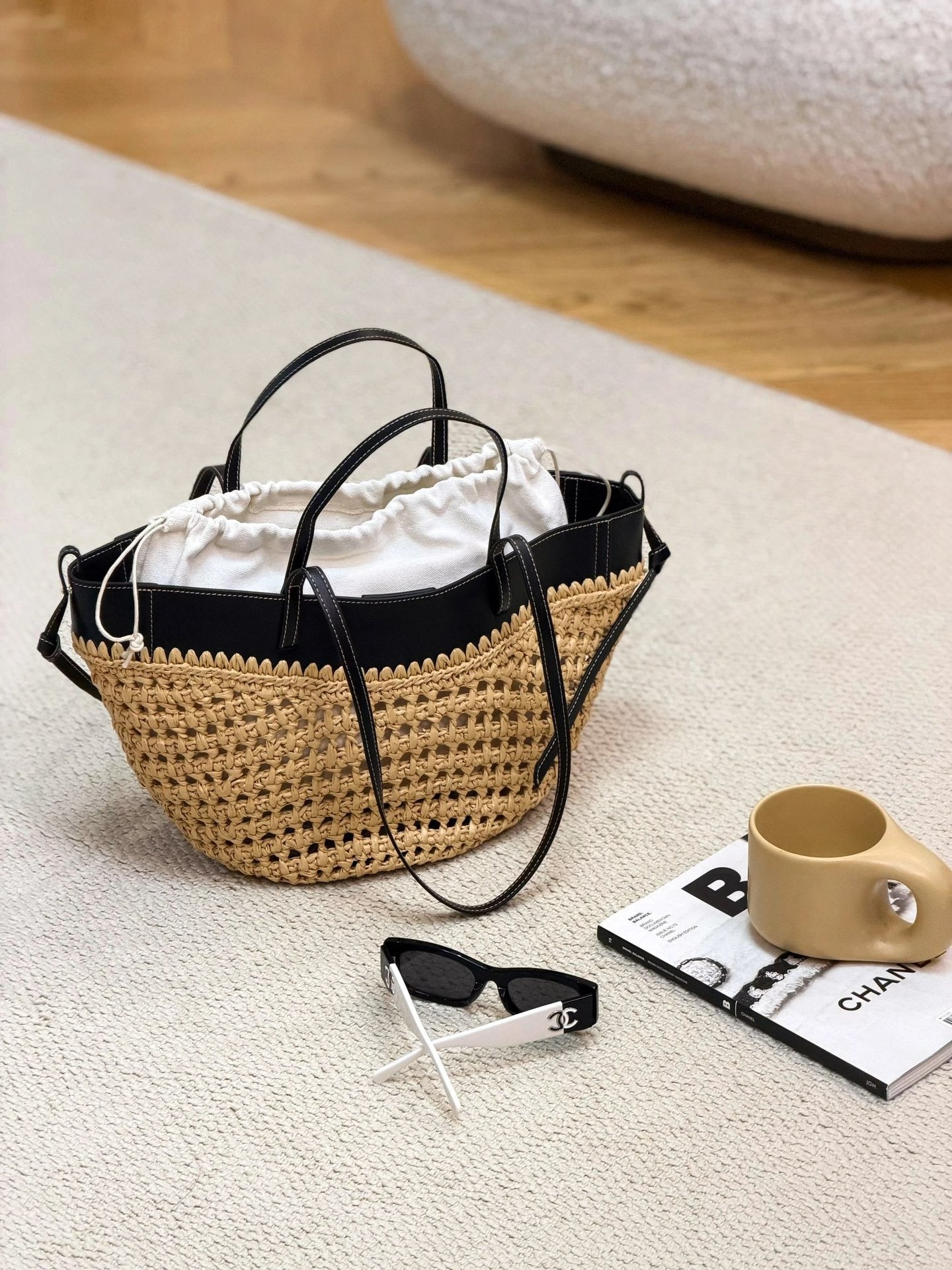 Luna Sculpted Woven Raffia x Leather Shoulder Bag