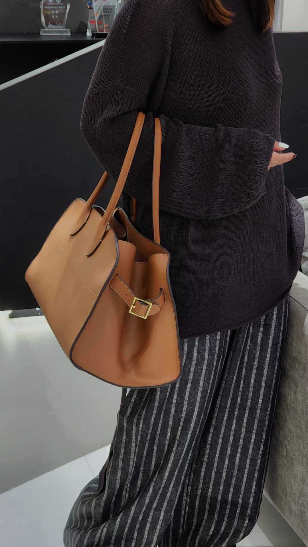 Wide-Base Structured Soft Leather Tote Bag