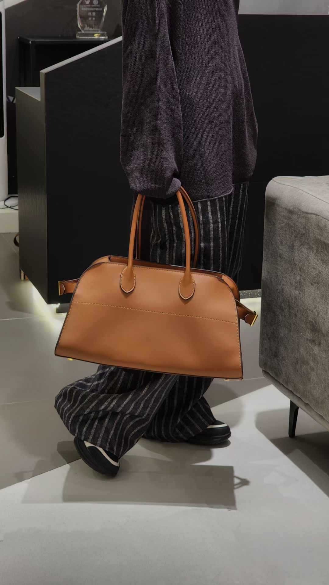 Wide-Base Structured Soft Leather Tote Bag