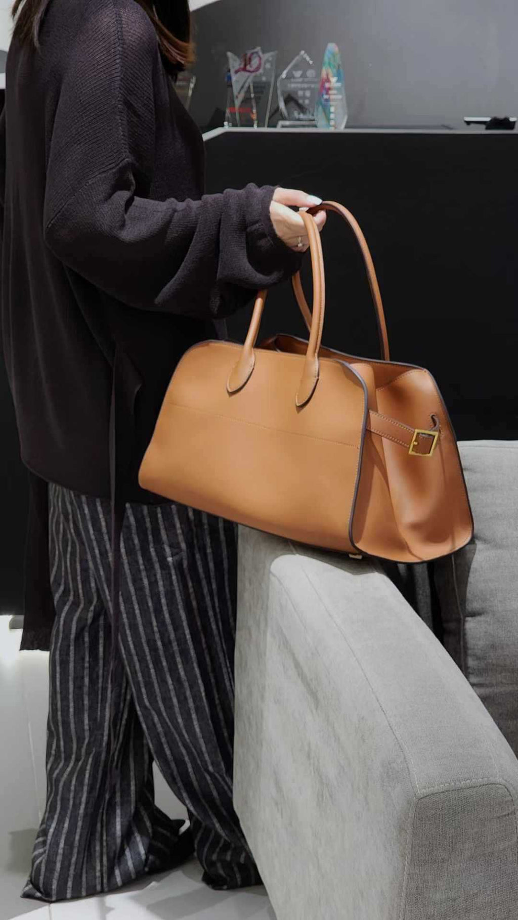 Wide-Base Structured Soft Leather Tote Bag