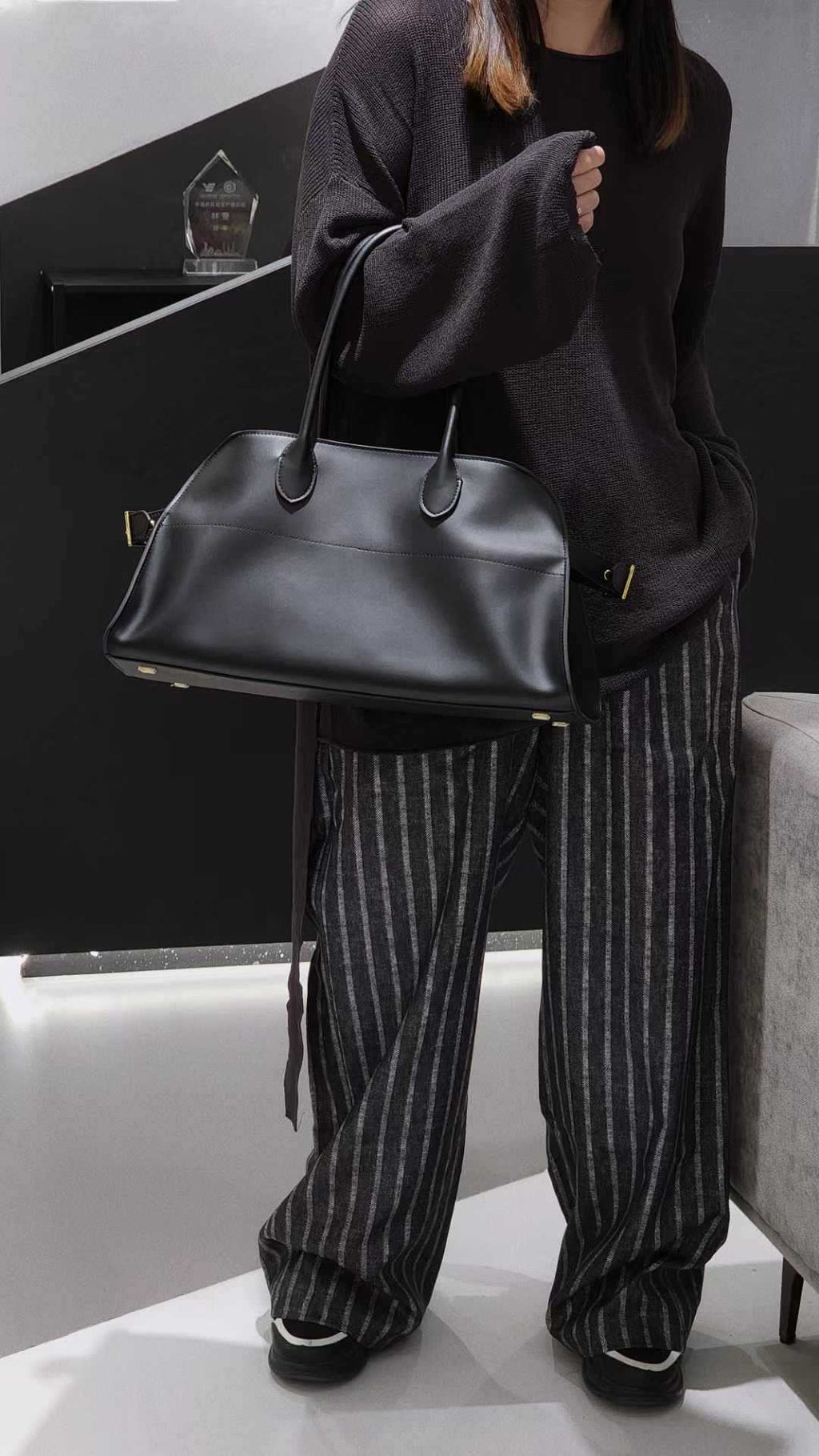 Wide-Base Structured Soft Leather Tote Bag