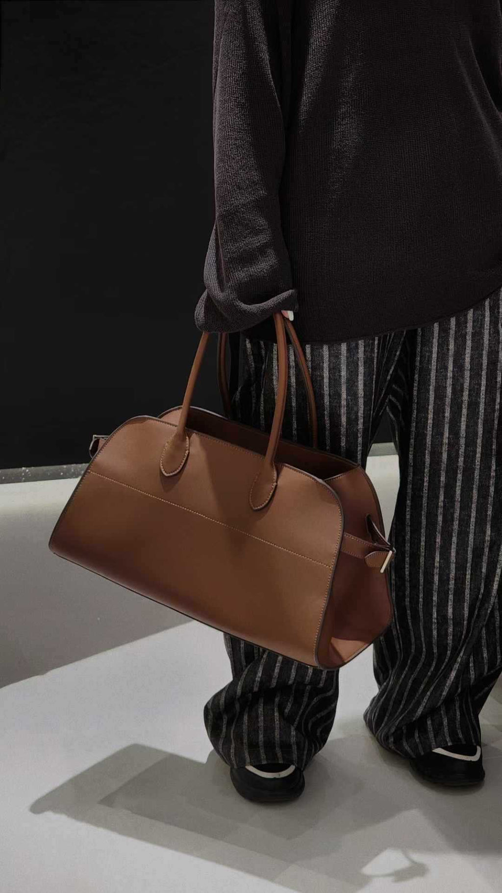 Wide-Base Structured Soft Leather Tote Bag