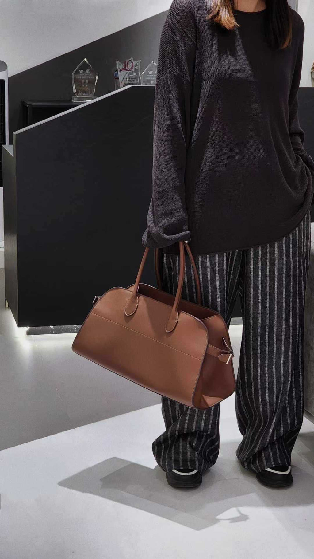 Wide-Base Structured Soft Leather Tote Bag