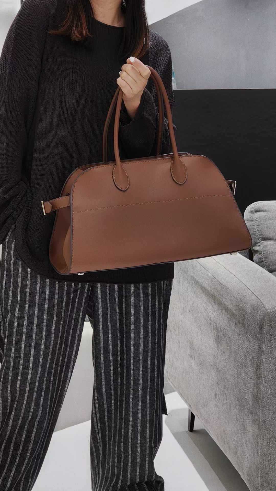 Wide-Base Structured Soft Leather Tote Bag