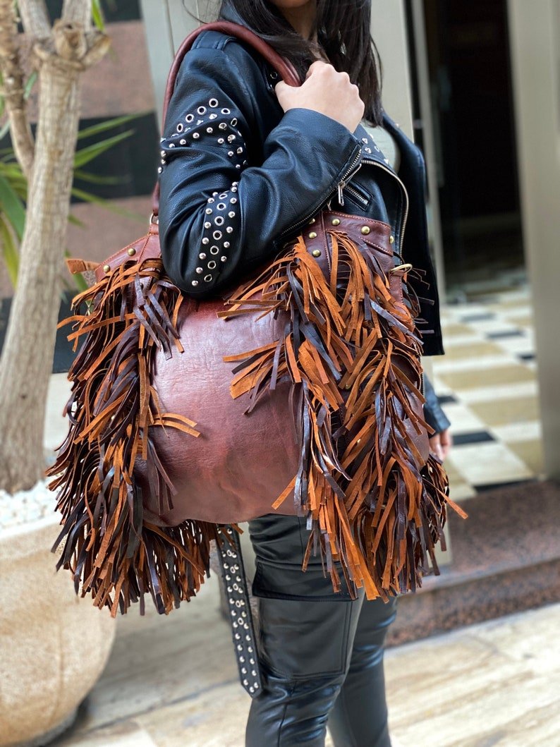 "Fringed" Leather tote bag - Dark Brown / Condensate Fringes - Trendiesty Worldwide