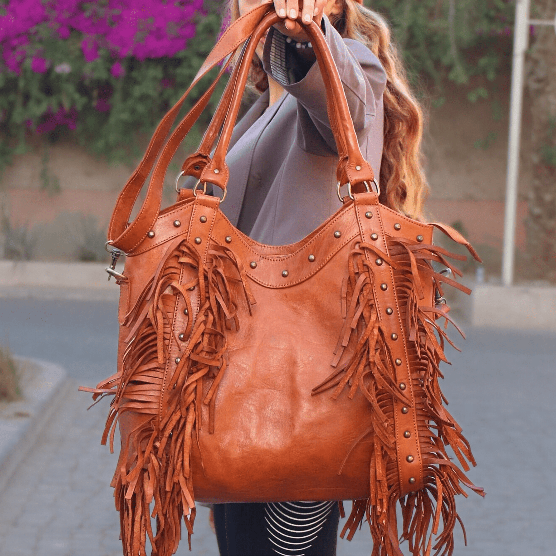 "Fringed" Leather tote bag - Brown / Condensate Fringes - Trendiesty Worldwide