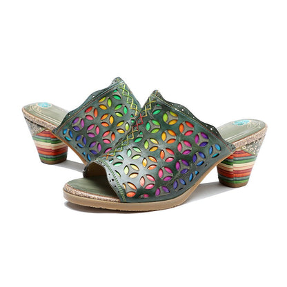 Hollowed-Out Retro Colorful Leather Sandals - Trendiesty Worldwide