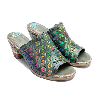 Hollowed-Out Retro Colorful Leather Sandals - Trendiesty Worldwide