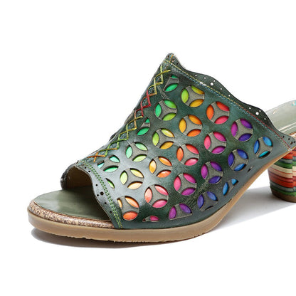 Hollowed-Out Retro Colorful Leather Sandals - Trendiesty Worldwide