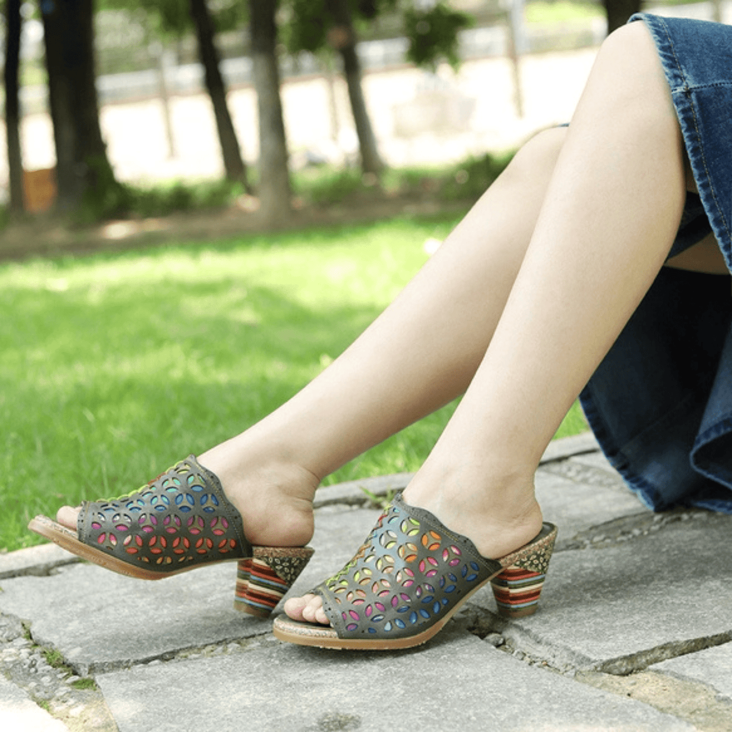 Hollowed-Out Retro Colorful Leather Sandals - Trendiesty Worldwide