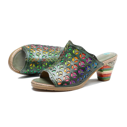 Hollowed-Out Retro Colorful Leather Sandals - Trendiesty Worldwide