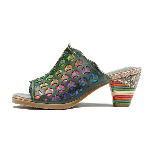 Hollowed-Out Retro Colorful Leather Sandals - Trendiesty Worldwide