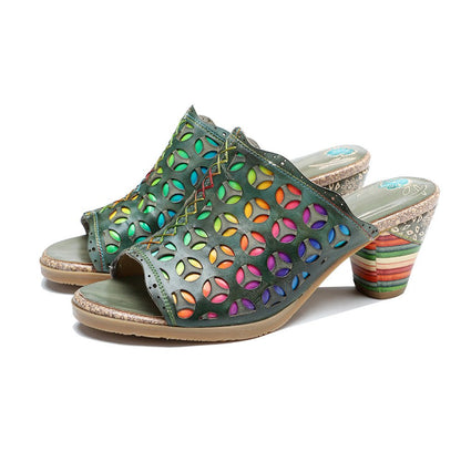 Hollowed-Out Retro Colorful Leather Sandals - Trendiesty Worldwide