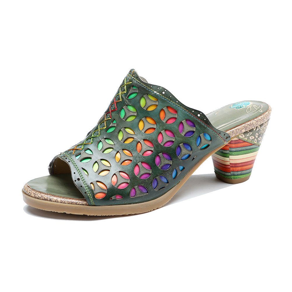 Hollowed-Out Retro Colorful Leather Sandals - Trendiesty Worldwide