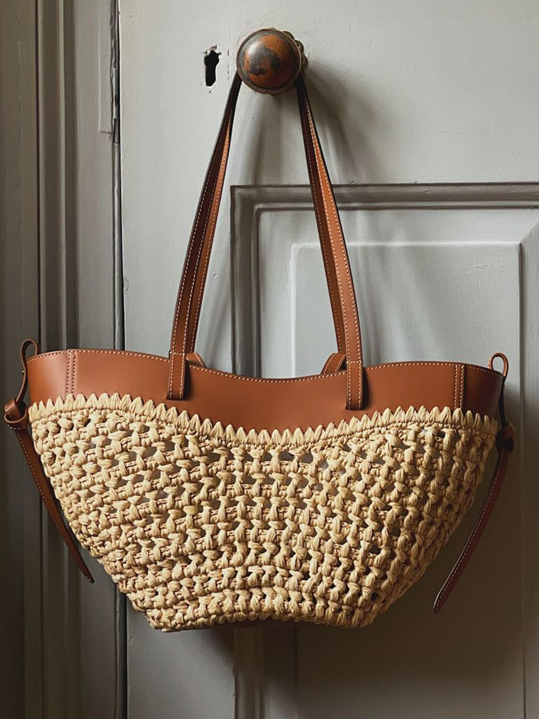 Luna Sculpted Woven Raffia x Leather Shoulder Bag