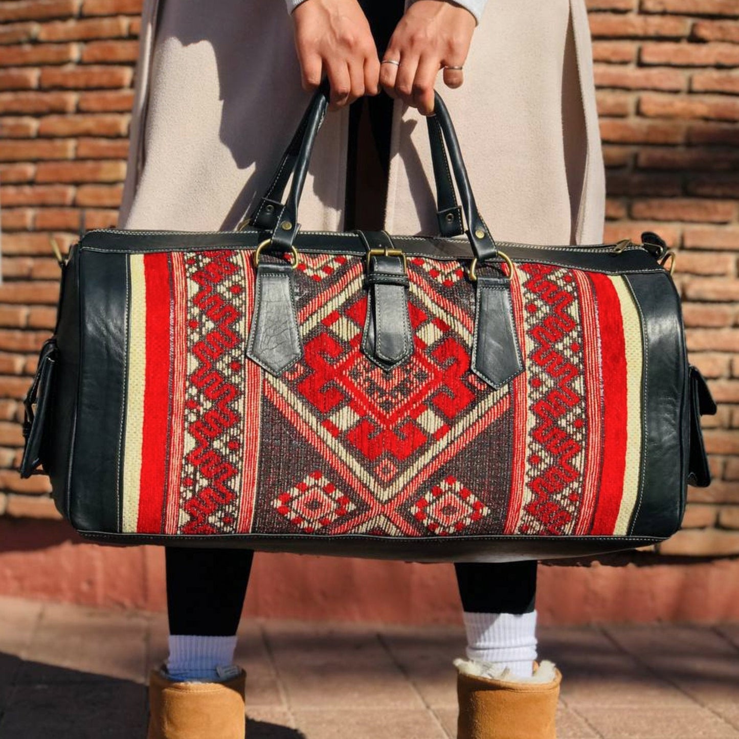 Leather x Kilim Duffle Bag - Black / Medium - Trendiesty Worldwide