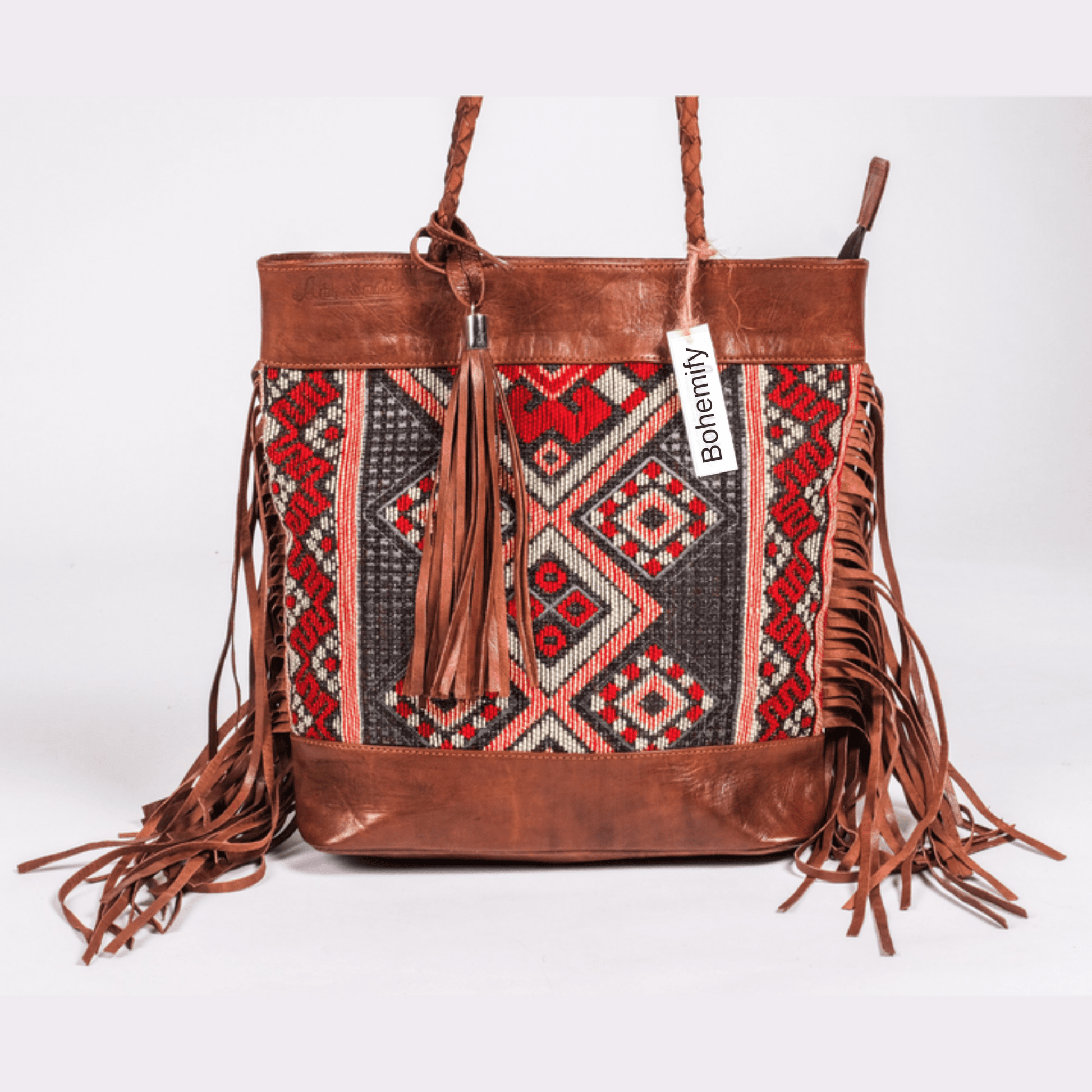 Leather x Kilim Shoulder bucket Bag - Brown - Trendiesty Worldwide