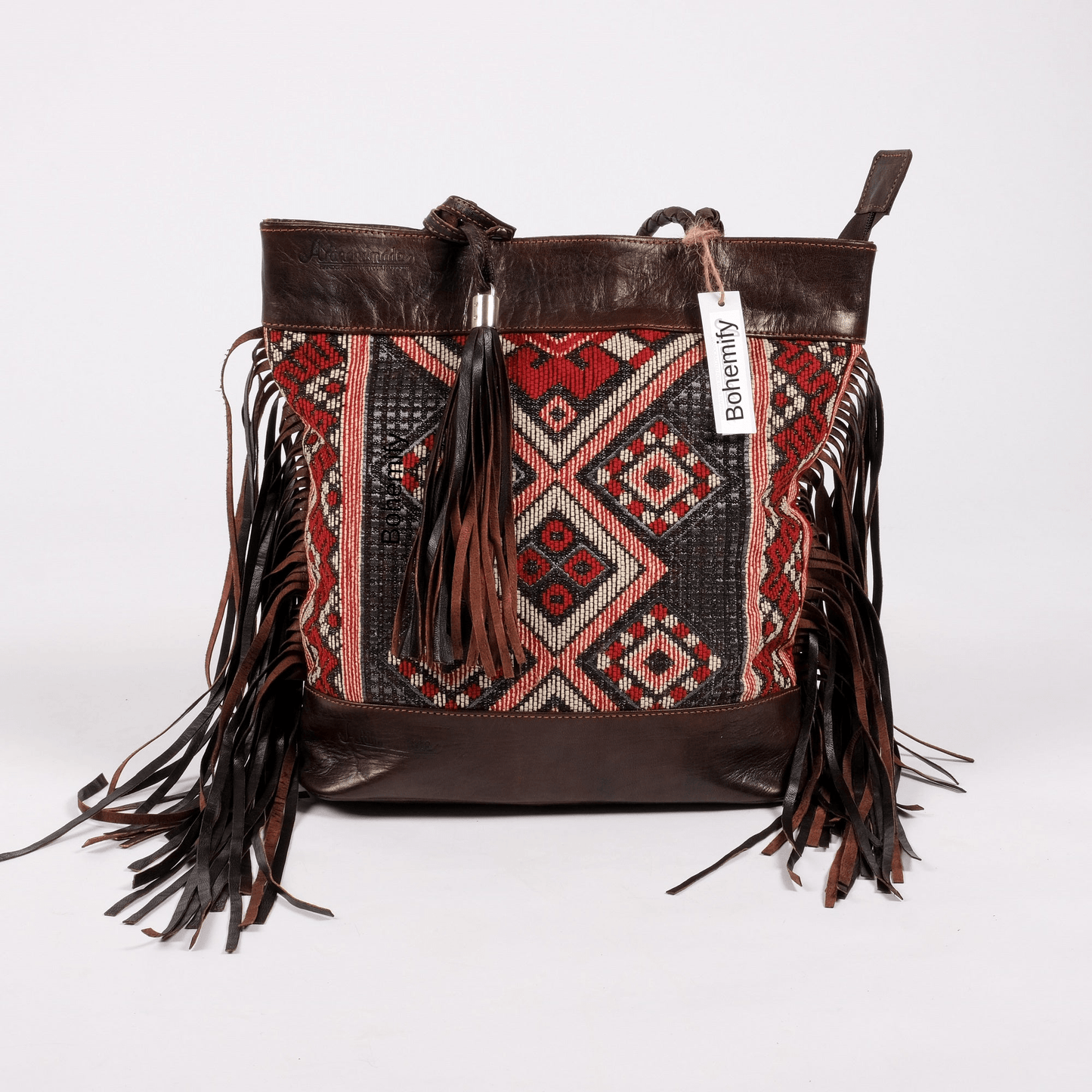 Leather x Kilim Shoulder bucket Bag - Dark Brown - Trendiesty Worldwide