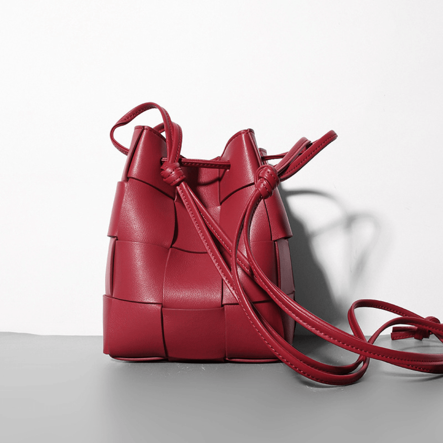 Leather plaid Drawstring Bucket Bag - Red / 11cm - Trendiesty Worldwide