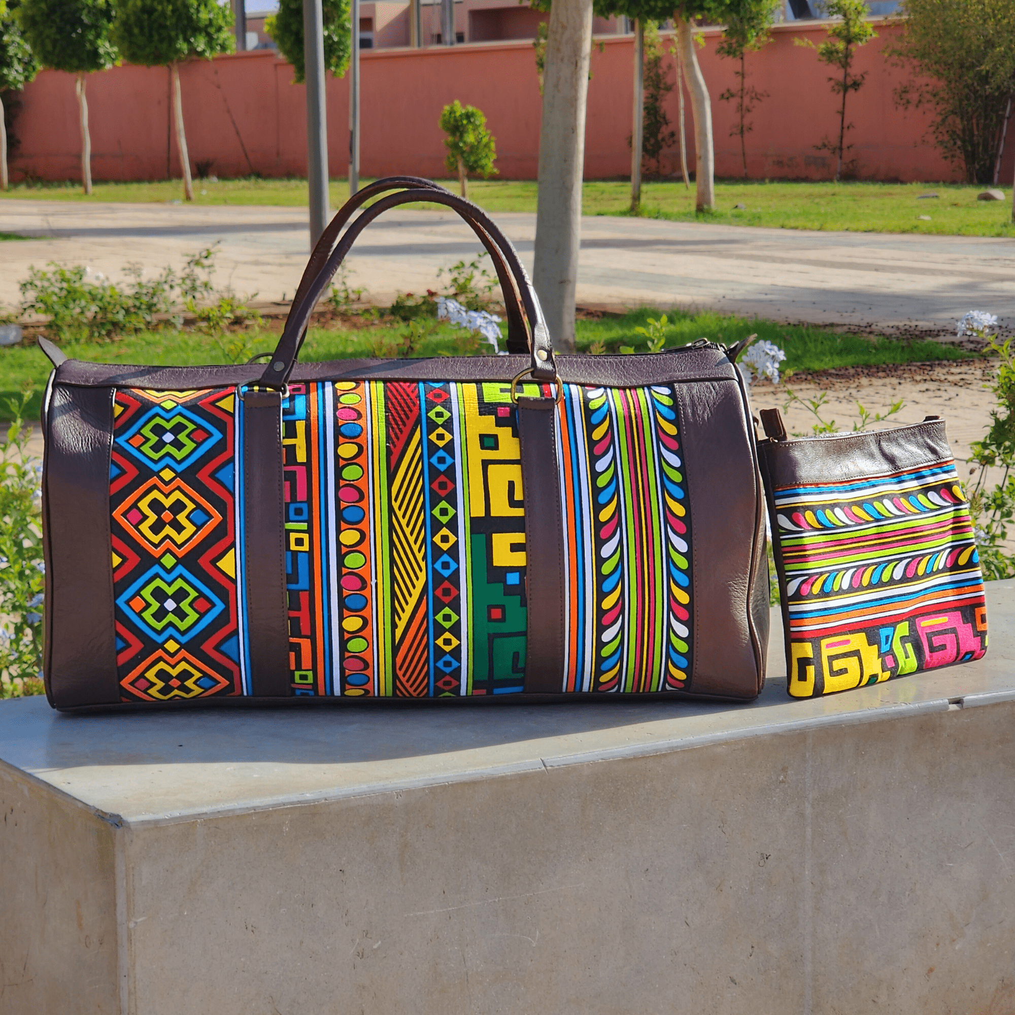 "Rainbow" Leather Duffle Bag With Matched Clutch - Trendiesty Worldwide