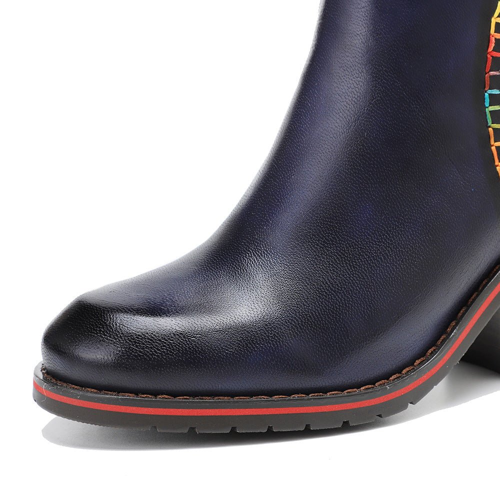 Women's Handmade Stitching Leather Chunky Heel Booties - Trendiesty Worldwide