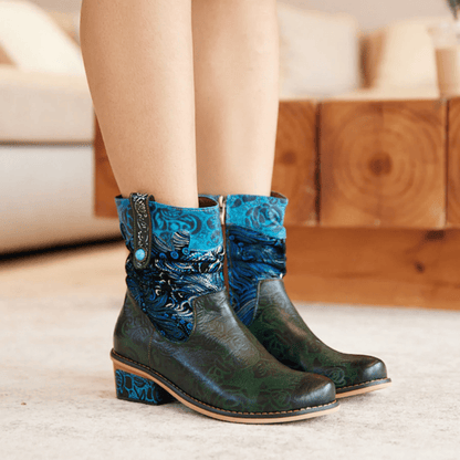 Women's Retro Olive Leather Ankle Boots - Trendiesty Worldwide