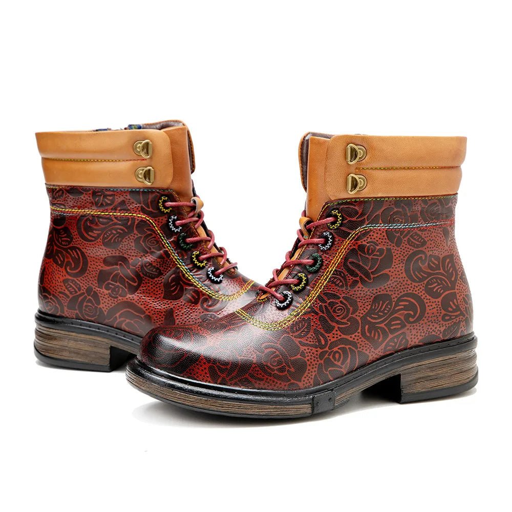 Women's Retro Reddish Leather Ankle Boots - Trendiesty Worldwide