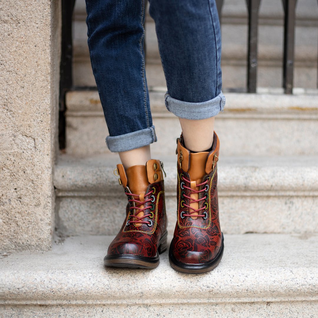 Women's Retro Reddish Leather Ankle Boots - Trendiesty Worldwide